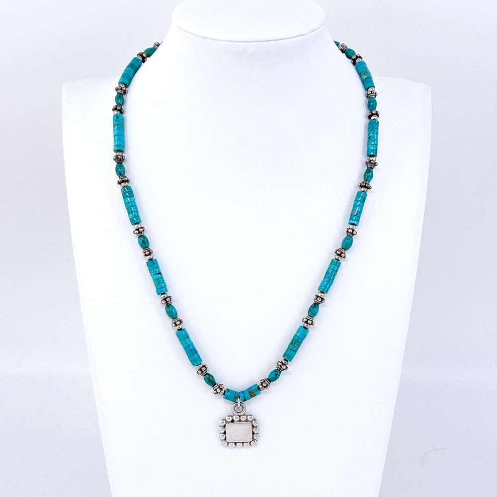 Vintage Mexico Sterling Silver 925 Turquoise Beaded Pendant Necklace 16.5"-18"